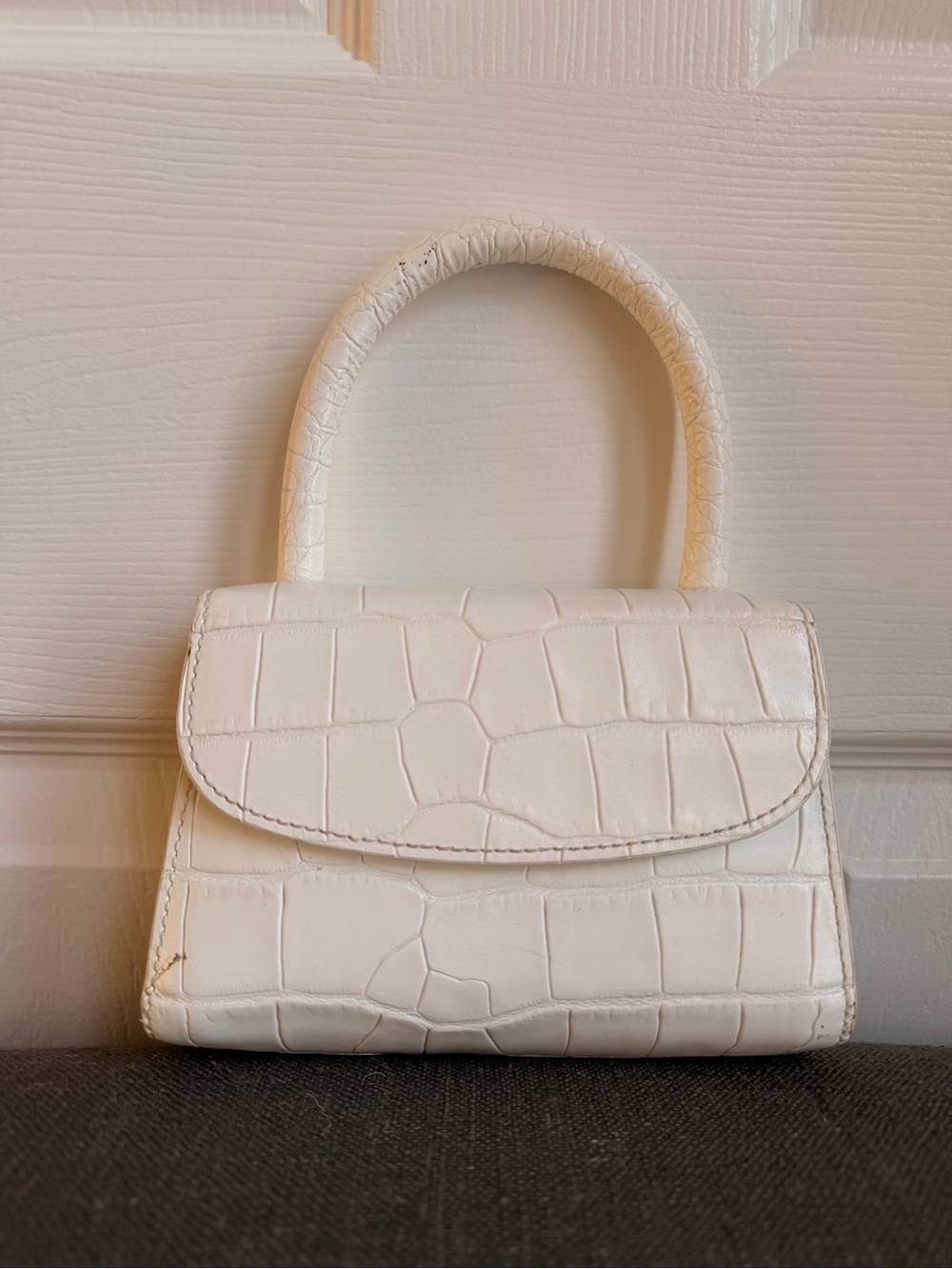 BY FAR White Croc Embossed Mini Top Handle Bag Crossbody